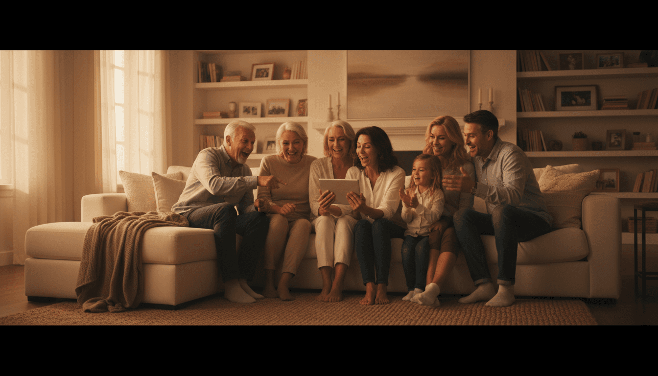 Family group on sofa sharing tablet device, golden hour light, genuine smiles and laughter, warm home environment