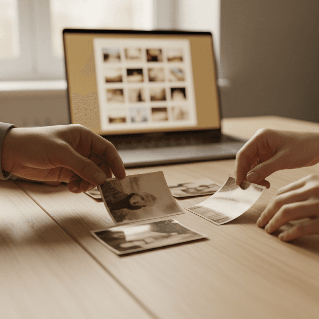 Close-up of hands carefully arranging vintage printed photographs with laptop displaying digital photo gallery in soft background light